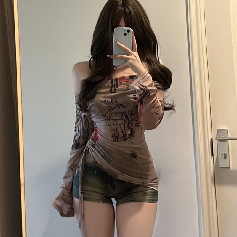 Screen Top Mesh - 긴팔 티셔츠 스파이시 걸 스타일 원숄더